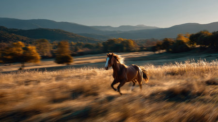 A stunning image of a horse running freely through a golden meadow, showcasing the beauty of nature against a backdrop of majestic mountains.の素材