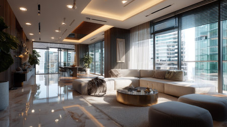 This striking living room showcases a blend of modern elegance and comfort with ample natural light. Bright windows and stylish furniture create a serene urban retreat.の素材