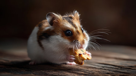 A charming close-up of a hamster munching on a cookie, perched on a rustic wooden surface. The soft natural light highlights its fluffy fur and curious expression, showcasing the delightful qualities of this beloved pet.の素材