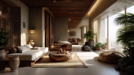 A stunning modern interior that showcases a luxurious living space filled with natural light, minimalist furniture, and soothing decor, perfect for relaxation.の素材