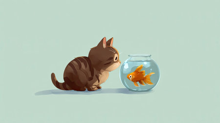 A playful cat curiously gazes at a goldfish swimming in a round bowl, set against a soft pastel background, showcasing an adorable and whimsical scene.の素材