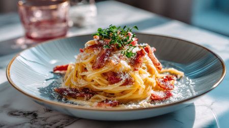 A beautifully presented plate of spaghetti carbonara featuring crispy bacon, rich sauce, and fresh herbs, perfect for any culinary enthusiast.の素材