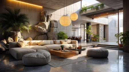 A stunning modern living room featuring an open layout with natural stone accents, stylish furnishings, and vibrant greenery, creating a serene and inviting atmosphere.の素材