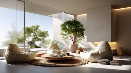 This image showcases a serene modern living room featuring cozy seating arrangements, abundant natural light, and lush indoor plants, creating a tranquil atmosphere.の素材