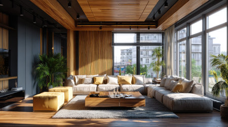 A stunning modern living room featuring cozy furnishings, abundant natural light, and elegant decor. This space offers a perfect blend of style and comfort, creating an inviting atmosphere ideal for relaxation.の素材