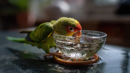 A vibrant parrot enjoys drinking water from a small glass bowl, showcasing its colorful feathers in a cozy indoor setting that radiates warmth.の素材