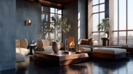 This modern minimalist living room showcases a blend of cozy furnishings and natural light, creating an inviting atmosphere with elegant decor elements.の素材