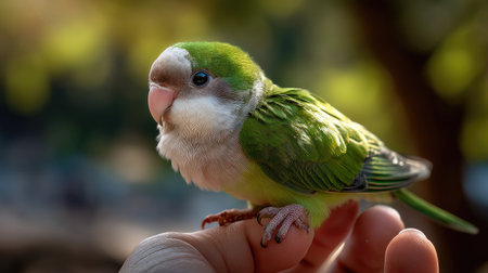 A delightful green bird perches gently on a hand, showcasing its vibrant feathers in a warm outdoor setting, reflecting a moment of connection with nature.の素材