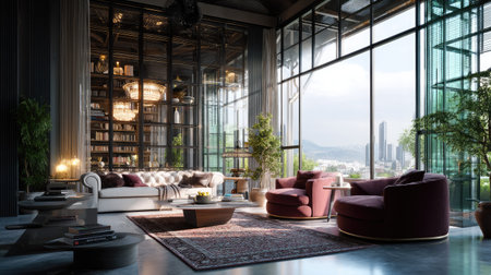 A breathtaking modern living room showcasing luxurious elements. Large windows provide stunning views of the urban skyline while natural light fills the cozy space.の素材