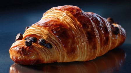 A beautifully crafted croissant with coffee beans placed artistically on a dark surface, highlighting its golden color and flaky texture. Ideal for food enthusiasts.の素材