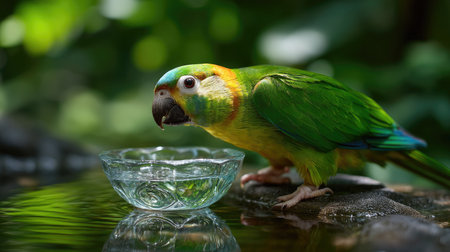 A vibrant green parrot with a striking yellow and blue head is captured drinking water from a decorative glass bowl amidst a lush, serene setting.の素材