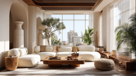 A stunning modern minimalist living room featuring a cozy white sofa, an organic wooden coffee table, and lush indoor plants bathed in natural light.の素材