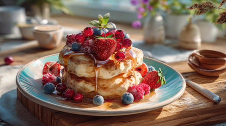 A tempting stack of fluffy pancakes garnished with fresh strawberries, blueberries, and raspberries, drizzled with warm maple syrup. Perfect for breakfast!の素材