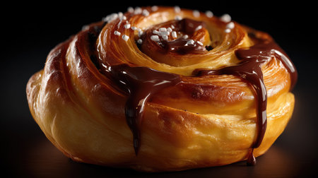 A mouthwatering freshly baked pastry drizzled with smooth chocolate, adorned with sugar crystals, presented on a dark background for enhanced allure.の素材