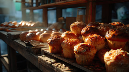 A beautiful display of freshly baked pastries and muffins on a rustic wooden table. The warm lighting enhances the inviting atmosphere of the cozy bakery.の素材