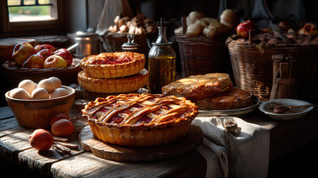 A charming bakery scene showcasing homestyle pies surrounded by fresh apples, eggs, and various rustic ingredients, evoking warmth and nostalgia.の素材