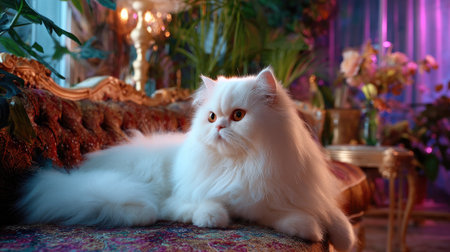 A stunning white Persian cat relaxes gracefully on a vintage couch amidst lush indoor plants and soft lighting, exuding elegance and tranquility.の素材