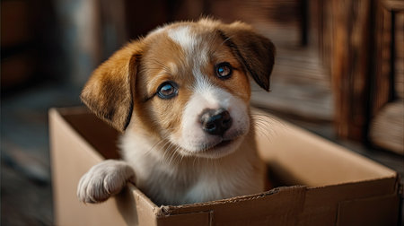 A close-up portrait of an adorable puppy peeking from a cardboard box, showcasing its bright, expressive eyes and playful curiosity in soft light.の素材
