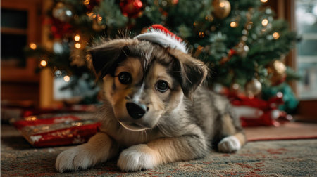 A charming puppy with a Christmas hat rests comfortably by a beautifully decorated holiday tree, surrounded by gifts and soft glowing lights, radiating festive joy.の素材