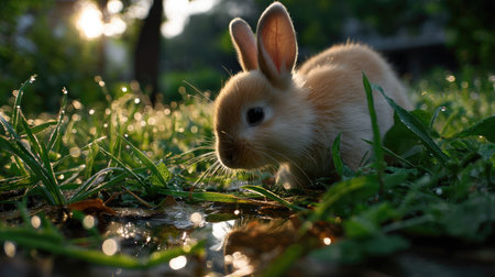 A charming baby rabbit explores a dewy meadow, drinking from a small puddle while soft sunlight casts a warm glow, creating a serene atmosphere.の素材