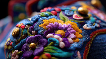 This striking close-up showcases vibrant handcrafted embroidery featuring intricate floral patterns on textured fabric, highlighting unique artistry and skill.の素材