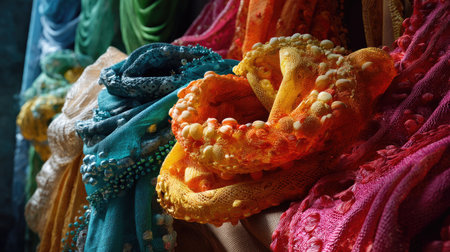 A stunning visual of vibrant textured scarves displayed beautifully, showcasing unique patterns and colors for fashion enthusiasts and designers.の素材