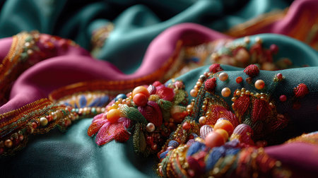 A captivating close-up of intricately embroidered fabric showcasing vibrant floral patterns and shimmering textures that evoke elegance and artistry.の素材