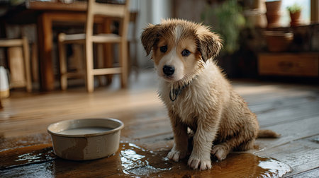 A charming puppy sits next to a water bowl on a wooden floor, showcasing wet fur and an innocent look. This delightful scene captures the essence of playful moments.の素材