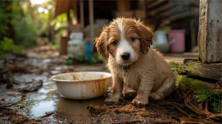 A charming wet puppy sits in a muddy backyard, looking curiously at the camera, with warm sunlight filtering through the trees, evoking a sense of innocence and playfulness.の素材