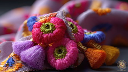Closeup of exquisite embroidery showcasing vibrant floral patterns with lush threads and intricate designs on delicate fabric, celebrating craftsmanship and artistry.の素材