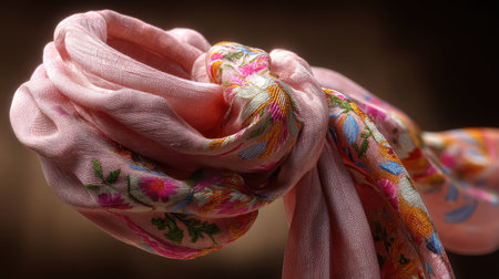 This image showcases a delicate pink silk scarf beautifully wrapped in a knot. The colorful floral embroidery adds elegance and charm to fashion accessories.の素材
