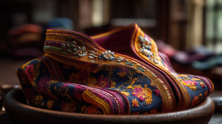 Discover the elegance of this handcrafted textile featuring vibrant floral embroidery and rich colors. Perfect for fashion or home decor.の素材