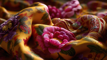 Discover this elegant fabric featuring a stunning floral pattern with rich and vibrant colors. Perfect for use in fashion or interior design projects.の素材