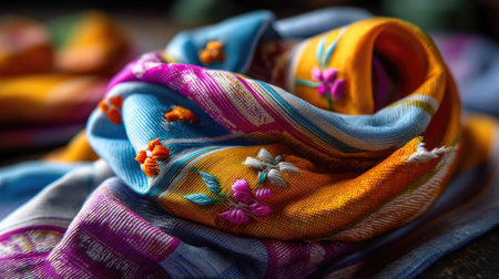 This close-up image showcases a vibrant handwoven scarf enriched with intricate floral embroidery, highlighting the exquisite craftsmanship and vivid colors.の素材