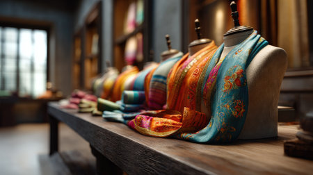 A close-up view of beautifully crafted textiles displayed in a charming boutique setting, showcasing vibrant colors, intricate patterns, and rich textures.の素材