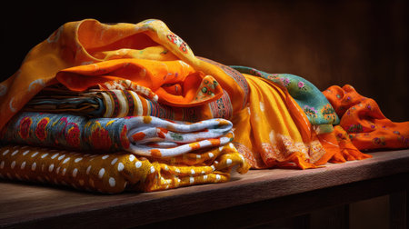 An eye-catching arrangement of beautifully rolled textiles showcasing vibrant orange hues, intricate patterns, and a warm, inviting atmosphere perfect for any creative project.の素材