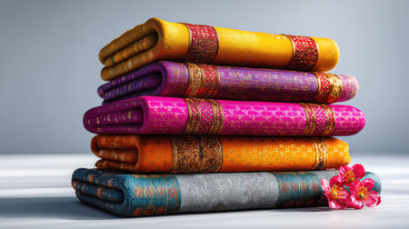 This image showcases a stunning stack of colorful traditional textiles featuring intricate patterns and shimmering borders, perfect for home decor or fashion inspiration.の素材