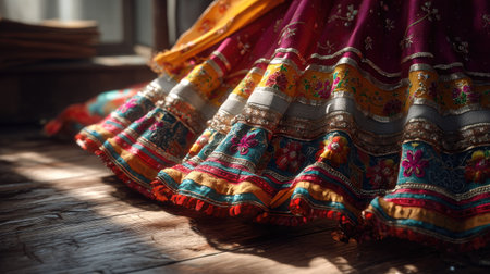 A close-up view of a vibrant traditional dress showcasing its intricate embroidery and colorful patterns, perfectly placed on a wooden floor, highlighting its details.の素材