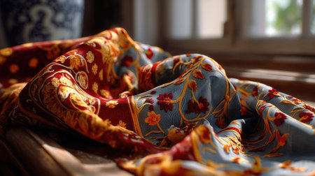This image captures an elegant fabric draped on a wooden surface, showcasing intricate floral patterns in warm tones, illuminated by soft sunlight.の素材