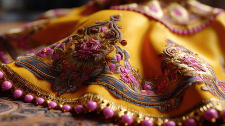 This striking image captures the intricate details of floral embroidery on a luxurious yellow fabric, showcasing vibrant colors and skilled craftsmanship.の素材