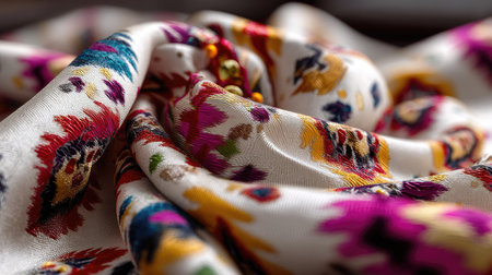 This image features a beautifully draped piece of colorful floral silk fabric, highlighting intricate patterns and a soft texture enhanced by natural light.の素材