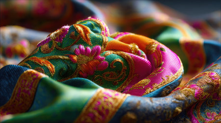 This image features a close-up view of colorful silk fabric adorned with intricate embroidery and rich patterns, highlighting textile artistry and elegance.の素材