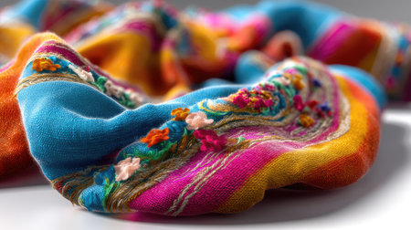 A beautifully crafted scarf featuring intricate floral embroidery. This colorful accessory adds a touch of elegance and warmth, perfect for stylish outfits.の素材