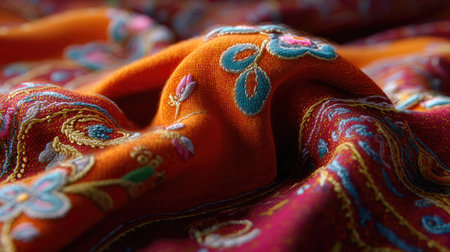 This image showcases a close-up view of a vibrant fabric featuring intricate embroidery and rich colors, highlighting craftsmanship and artistic detail.の素材