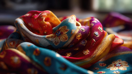 A stunning arrangement of a colorful silk scarf featuring vibrant floral patterns, showcasing intricate detail and elegance against a soft, blurred background.の素材