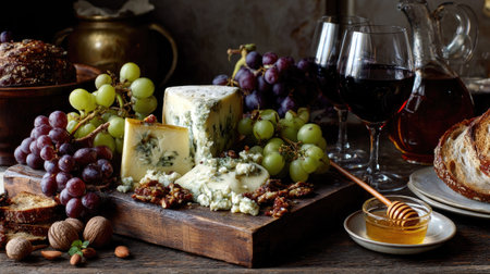 A beautifully arranged cheese platter featuring a variety of cheeses, fresh grapes, assorted nuts, and honey, complemented by red wine in elegant glasses.の素材