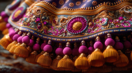 Explore this captivating close-up of intricate embroidery showcasing an array of vibrant colors and detailed embellishments. Perfectly crafted, this textile image highlights the artistry and cultural significance behind traditional decorative techniques.の素材