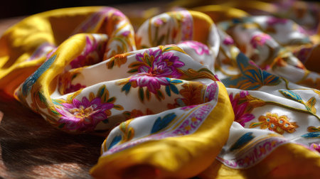 This captivating silk scarf showcases a floral pattern with vibrant colors and luxurious texture, perfect for fashion accessories or home decor.の素材