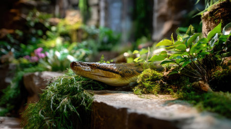 A vivid scene captures a lizard resting peacefully among a rich tapestry of greenery and vibrant plants, showcasing the beauty of wildlife in its natural habitat.の素材