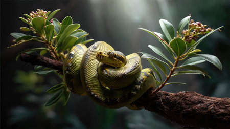 A striking green python elegantly coils around a branch, nestled among vibrant leaves, creating a serene connection between the snake and its lush habitat.の素材
